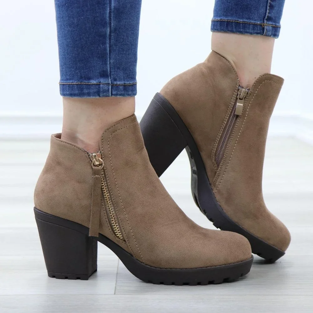 Taupe Suede Lug Chunky Heel Ankle Boots - Picture 4 of 12